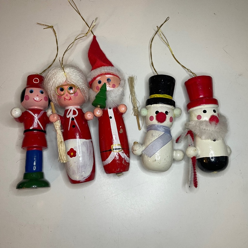 Vintage Christmas ornaments Santa Mrs clause snowman soldier peg figures